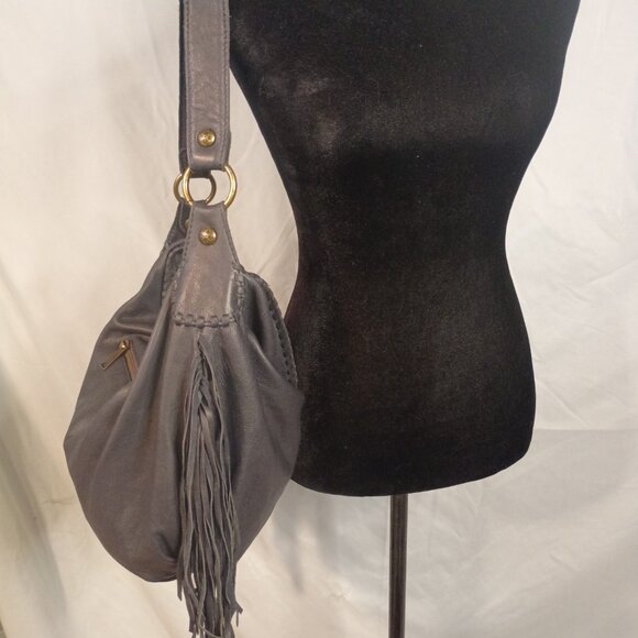 PATRICIA NASH "Vincenzo" Dark Navy Leather Super Slouchy Big Hobo Bag w Fringe - Picture 2 of 15